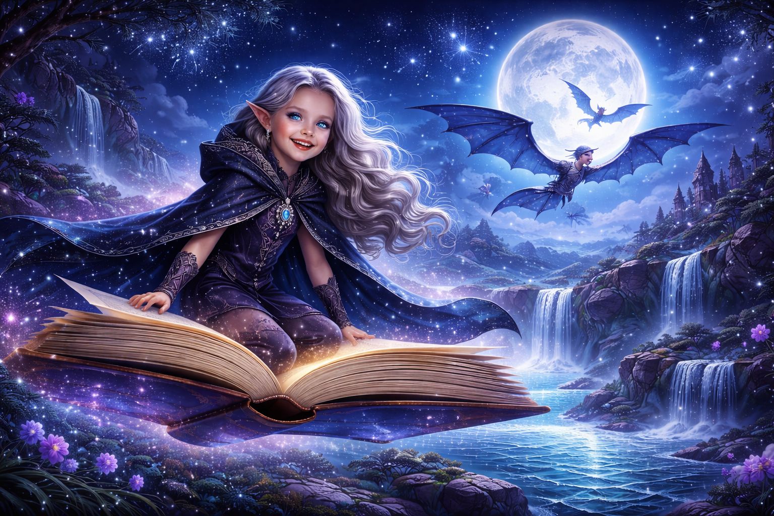 A night elf on a flying book surrounded by weird dragons